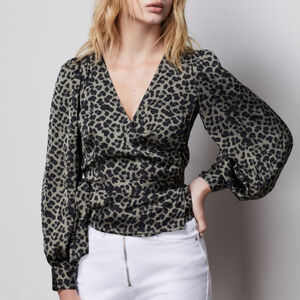 Good American The Leopard Wrap Top Sage Green satin women's Size 0 XS new NWT